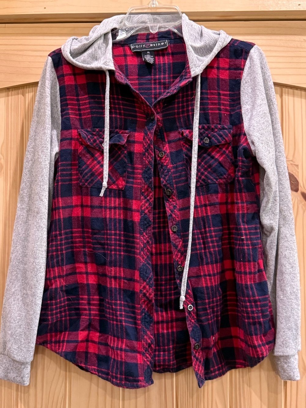 Polly & Esther Red and‎ Navy Plaid Hooded Flannel Shirt